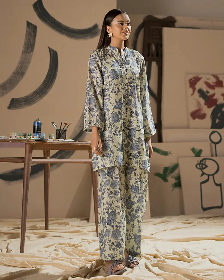 Front view of Everyday Urban Outfit in printed raw silk, a stylish co-ord set with long shirt and matching pants.