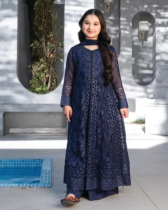 RANGREZA kid frock in blue with intricate chiffon and sequin embroidery. This elegant Eastern dress includes a matching dupatta and plazo for girls.