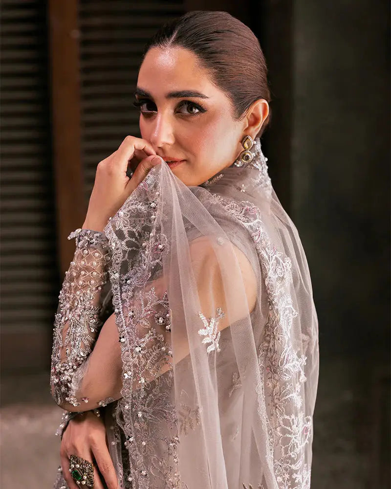 Full view of AL-4275 RAANI Pakistani women's outfit with embellished net gown, embroidered dupatta, and viscose shararah for festive occasions.