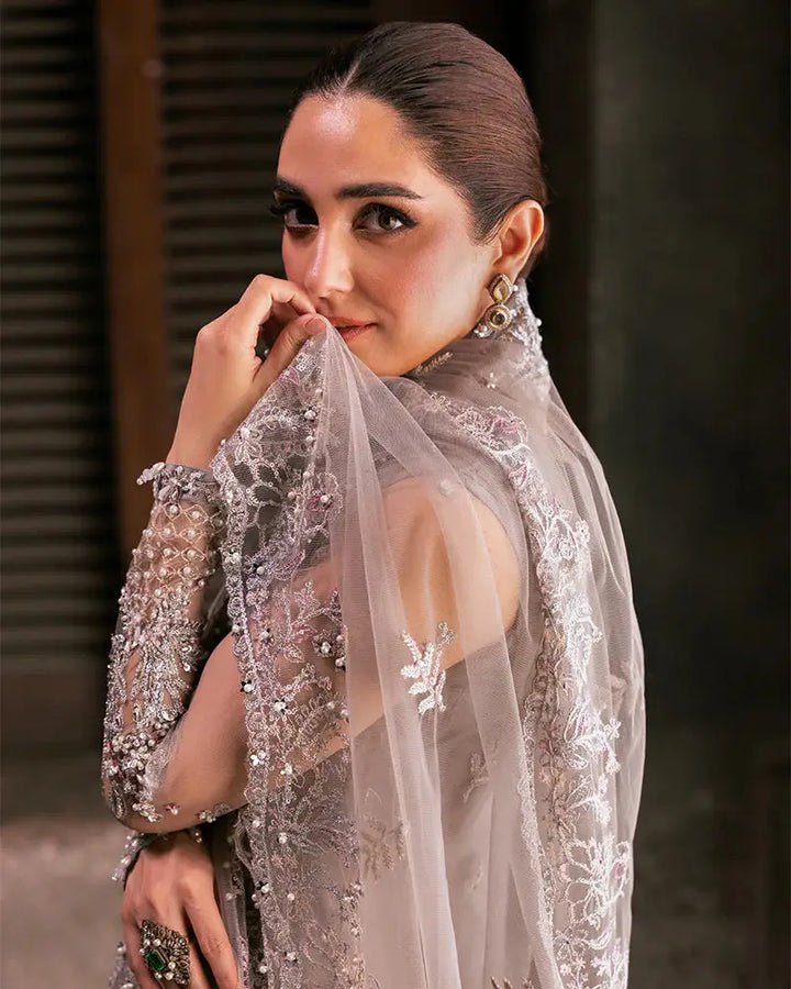 Full view of AL-4275 RAANI Pakistani women's outfit with embellished net gown, embroidered dupatta, and viscose shararah for festive occasions.