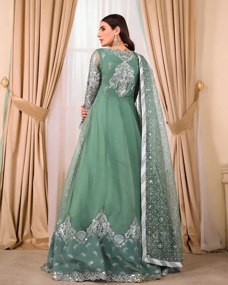 AROOSH Organza Maxi - Pakistani Asian Clothes | Embellished Dress back view showing detailed embroidery and flowing organza fabric.