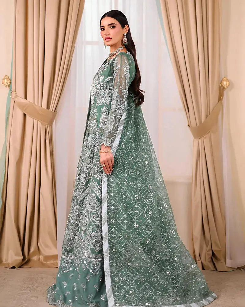 AROOSH Organza Maxi - Pakistani Asian Clothes | Embellished Dress side view showcasing full-length design and intricate dupatta embroidery.