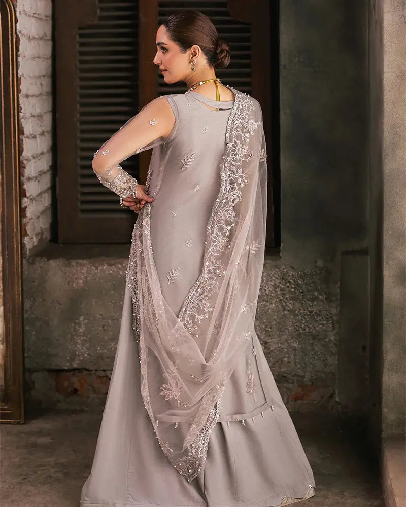 Detailed front view of AL-4275 RAANI Pakistani dress highlighting sequin embroidery, pearl accents, and adda work on net fabric by RANGREZA.