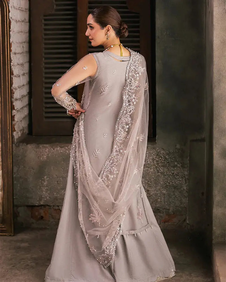 Detailed front view of AL-4275 RAANI Pakistani dress highlighting sequin embroidery, pearl accents, and adda work on net fabric by RANGREZA.