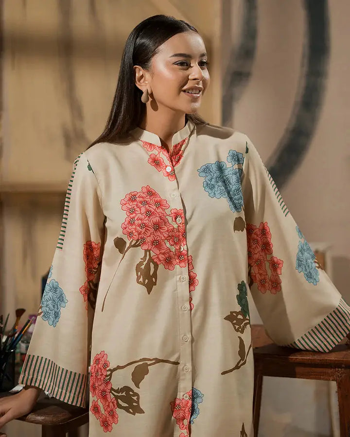 Front detail of Pakistani Outfits - Printed Raw Silk Co-ord Set | 2 Piece Outfit with button-down shirt and vibrant floral motifs. Perfect for chic styling.