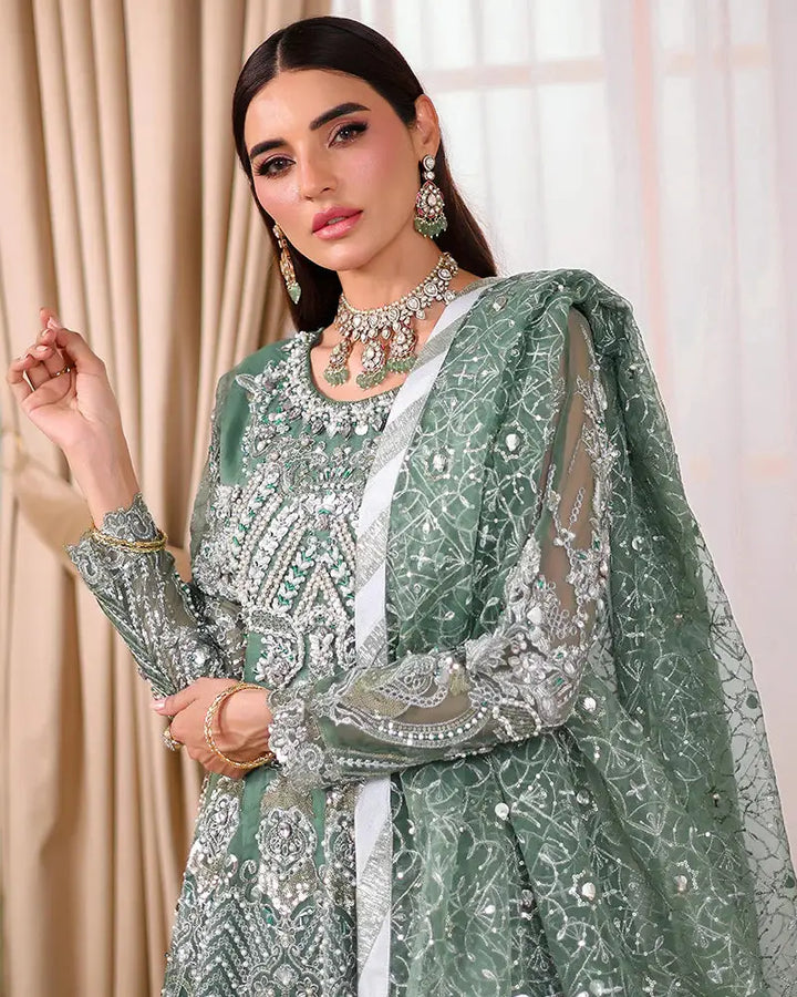 AROOSH Organza Maxi - Pakistani Asian Clothes | Embellished Dress featuring hand-embellished bodice and traditional jewelry styling.