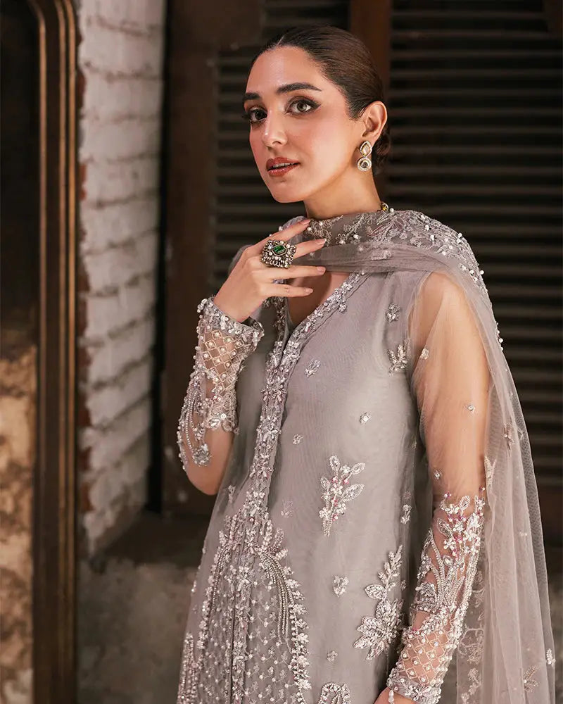 SHOP Al-4275 Pakistani Women's Clothing | Net gown with intricate adda work, sequin embroidery, and matching dupatta in elegant grey tone.