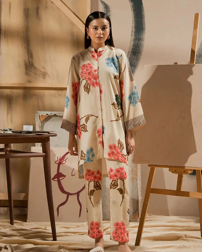 Full front view of Printed Raw Silk Co-ord Set | 2 Piece Outfit in beige with red and blue floral prints. Stylish Pakistani outfit for modern casual looks.