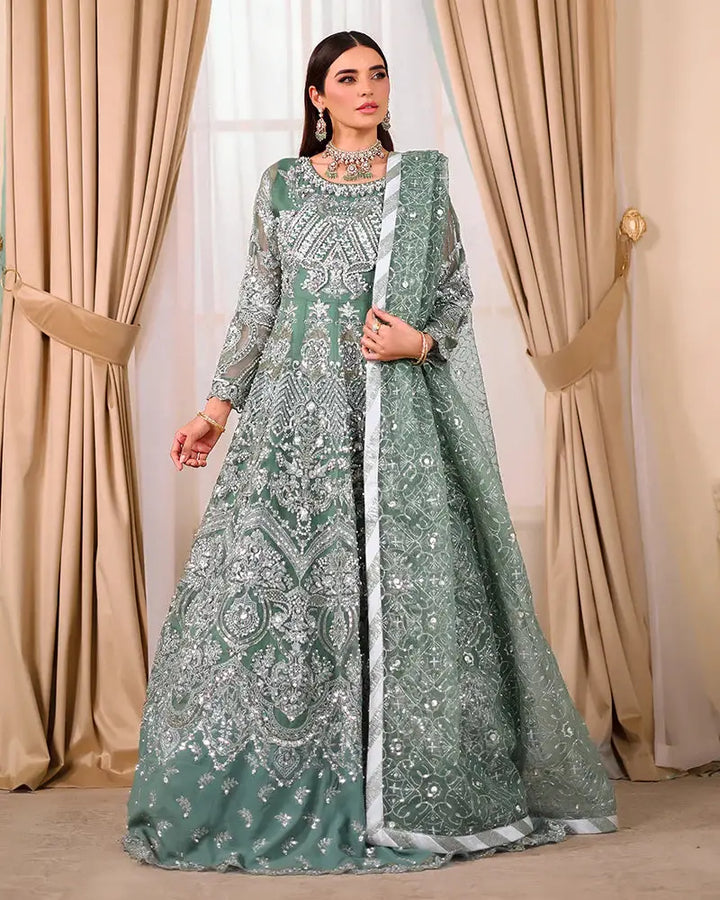 AROOSH Organza Maxi - Pakistani Asian Clothes | Embellished Dress in green with intricate silver embroidery, full sleeves, and matching dupatta.