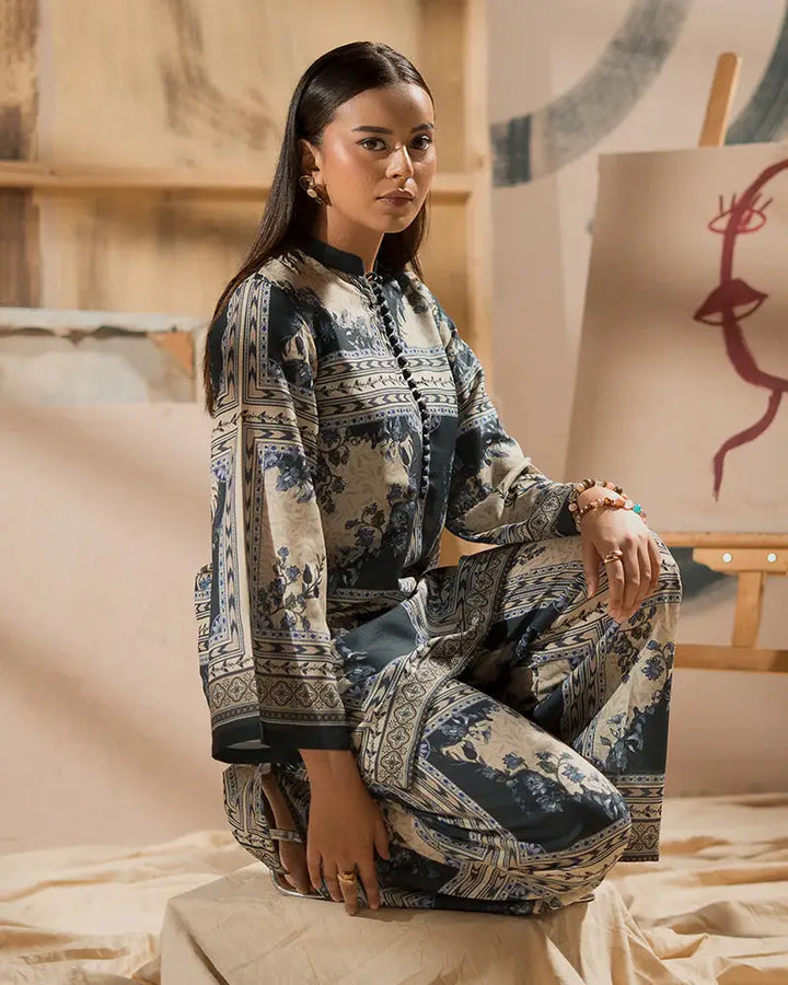 Model poses in Raw Silk Co-ord 2 Piece Pajama Set showcasing detailed print and relaxed fit, perfect for urban everyday style.