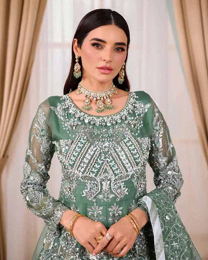 AROOSH Organza Maxi - Pakistani Asian Clothes | Embellished Dress front close-up highlighting neckline embroidery and luxury embellishments.