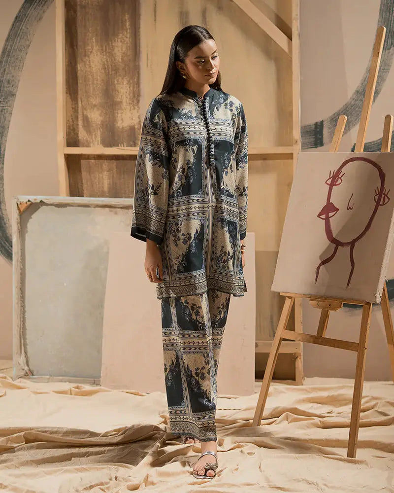 Full front view of Urban Everyday Outfit - 2 Piece Pajama Set in raw silk with navy floral patterns, styled for comfort and elegance.