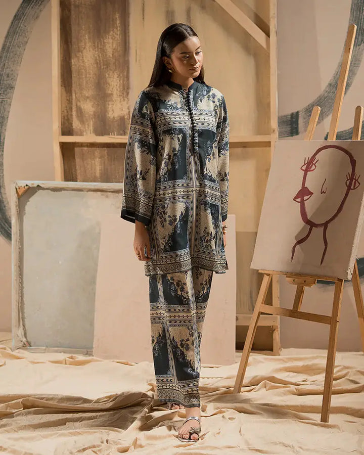 Full front view of Urban Everyday Outfit - 2 Piece Pajama Set in raw silk with navy floral patterns, styled for comfort and elegance.