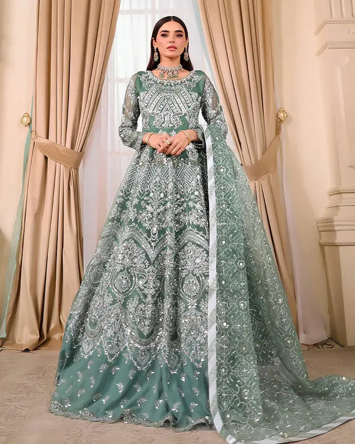 AROOSH Organza Maxi - Pakistani Asian Clothes | Embellished Dress with ornate embroidery, paired with viscose trousers and sheer dupatta.