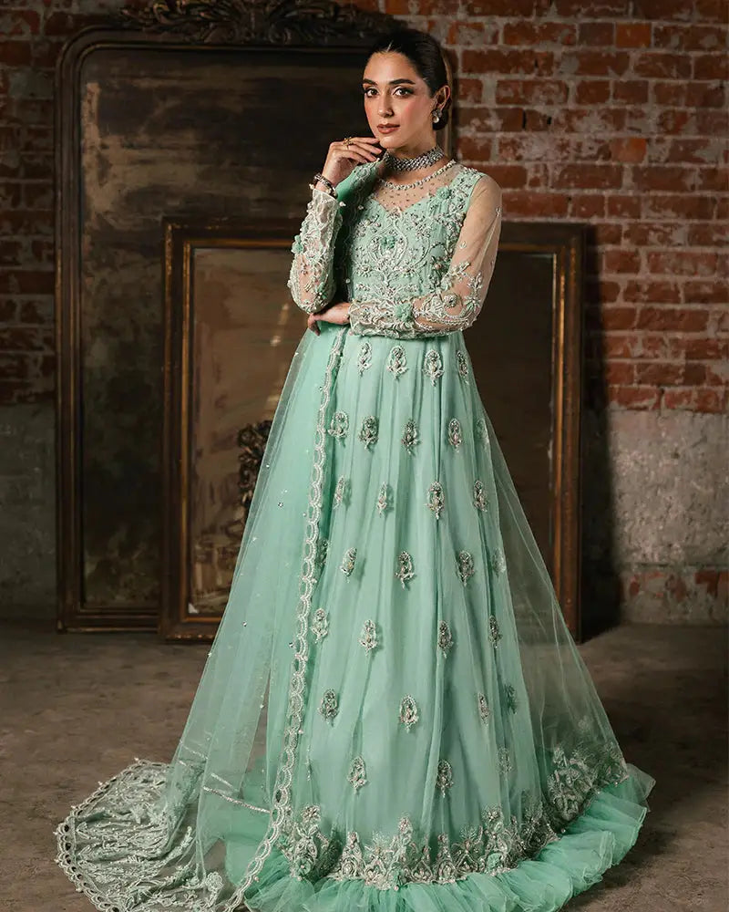 Pakistani womens clothing by Rangreza AL-4270 showcasing a net maxi with intricate adda work and embellished dupatta for formal occasions.