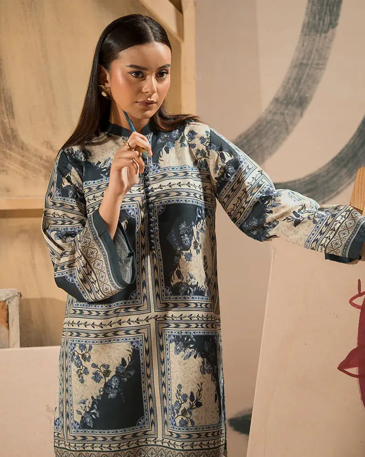 Close-up of printed raw silk shirt from the 2 Piece Pajama Set, highlighting the fine detailing and soft texture for stylish daily wear.