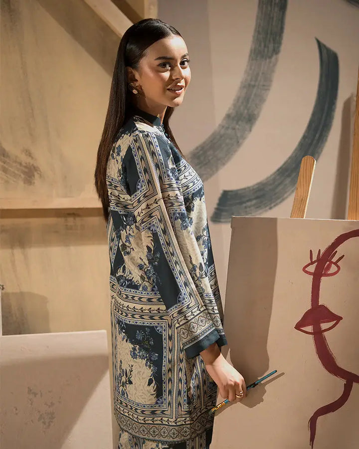 Side profile of model in Raw Silk Co-ord 2 Piece Pajama Set, emphasizing the artistic print and loose-fit design for modern casual fashion.
