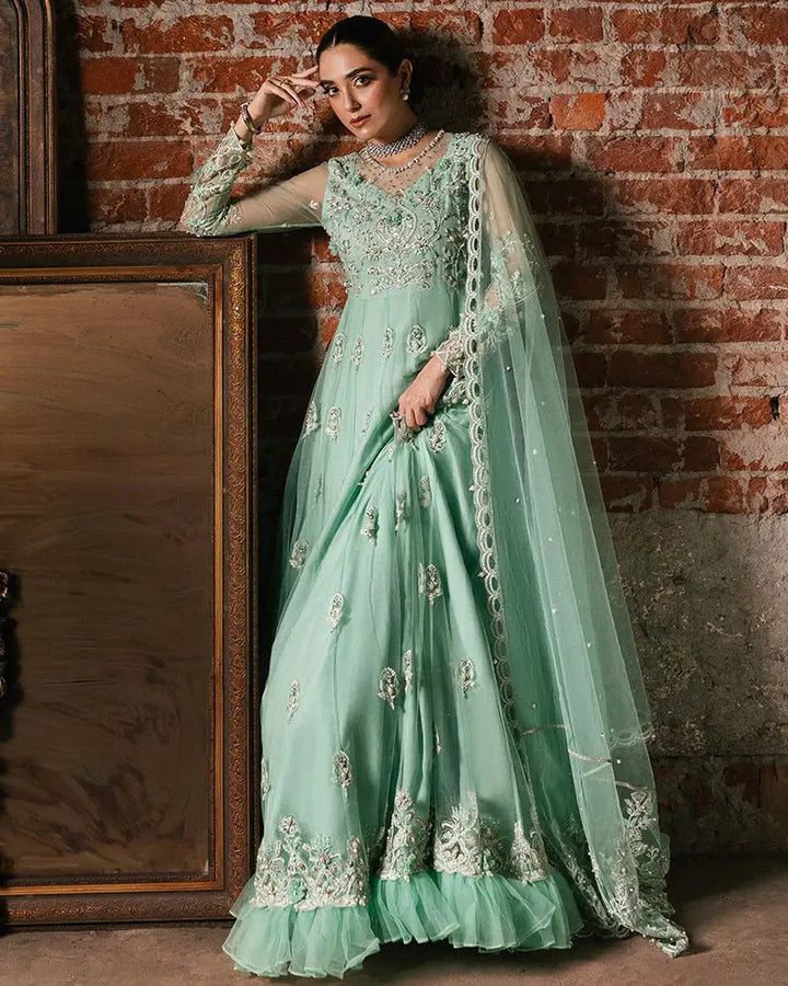 Rangreza AL-4270 mint green formal wear with detailed naqshi, pearls, and floral motifs, perfect for weddings and festive events.