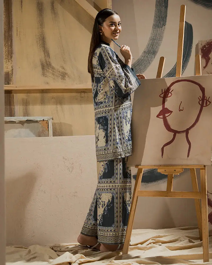 Back view of 2 Piece Pajama Set | Raw Silk Co-ord with intricate floral and geometric prints, ideal for casual and semi-formal wear.