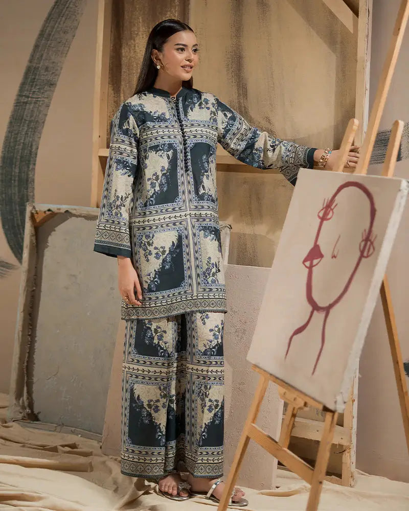 Buy Urban Everyday Outfit - 2 Piece Pajama Set | Raw Silk Co-ord featuring a floral printed shirt and wide-leg bottoms in navy and beige tones.