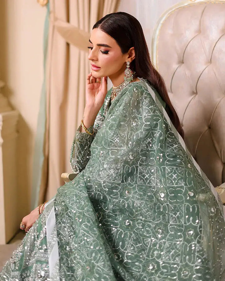 AROOSH Organza Maxi - Pakistani Asian Clothes | Embellished Dress side profile with sheer embroidered dupatta and elegant jewelry.