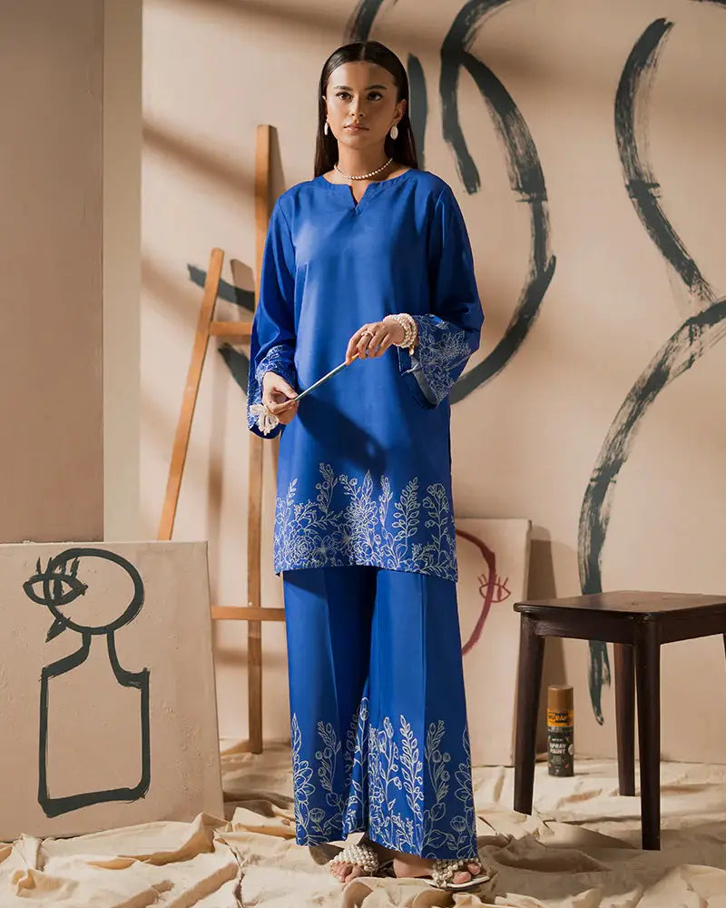 2 Piece Outfit - typical Pakistani dress Co-ord Set | Silk Print in royal blue with white floral embroidery, perfect for elegant occasions.