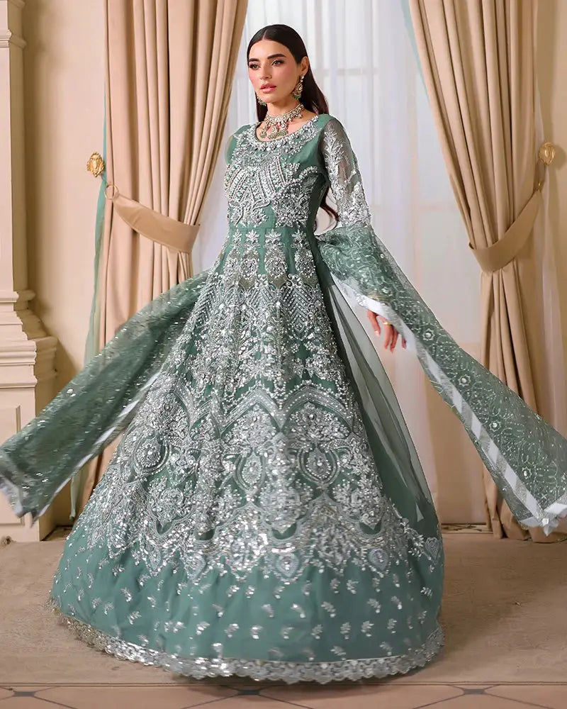 AROOSH Organza Maxi - Pakistani Asian Clothes | Embellished Dress featuring flared silhouette, 3D sequin detailing, and elegant traditional design.