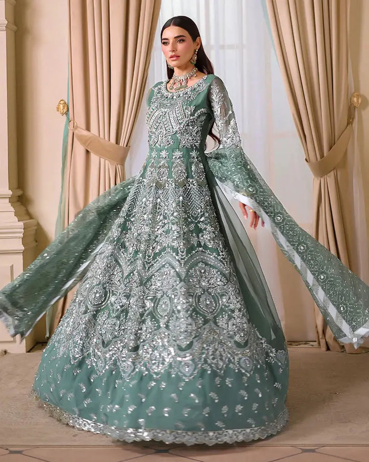AROOSH Organza Maxi - Pakistani Asian Clothes | Embellished Dress featuring flared silhouette, 3D sequin detailing, and elegant traditional design.
