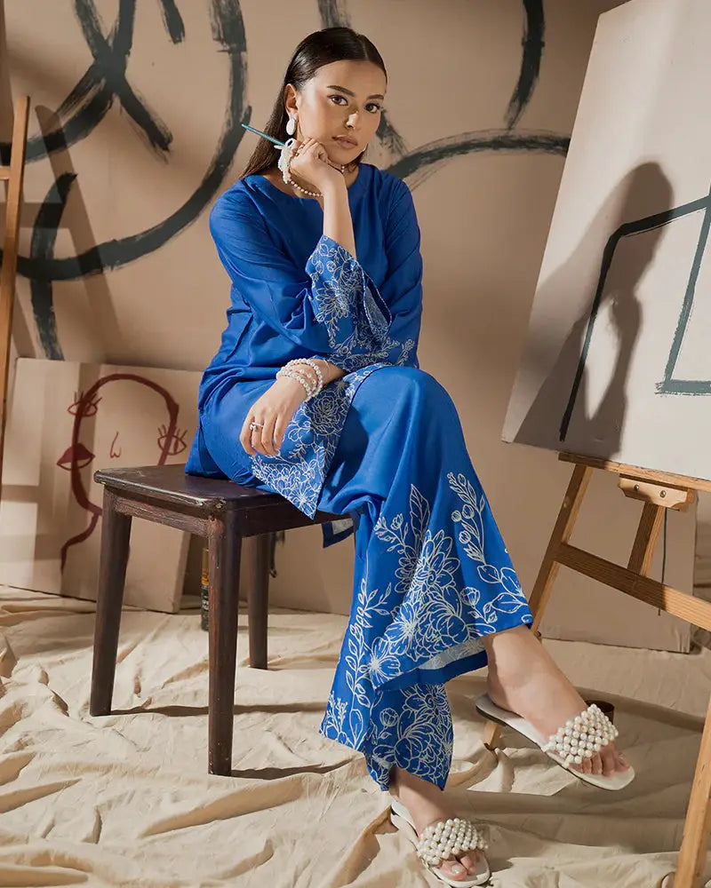 Elegant 2 Piece Outfit EA-23 in printed raw silk, showcasing a relaxed fit and artistic floral design for contemporary ethnic wear.