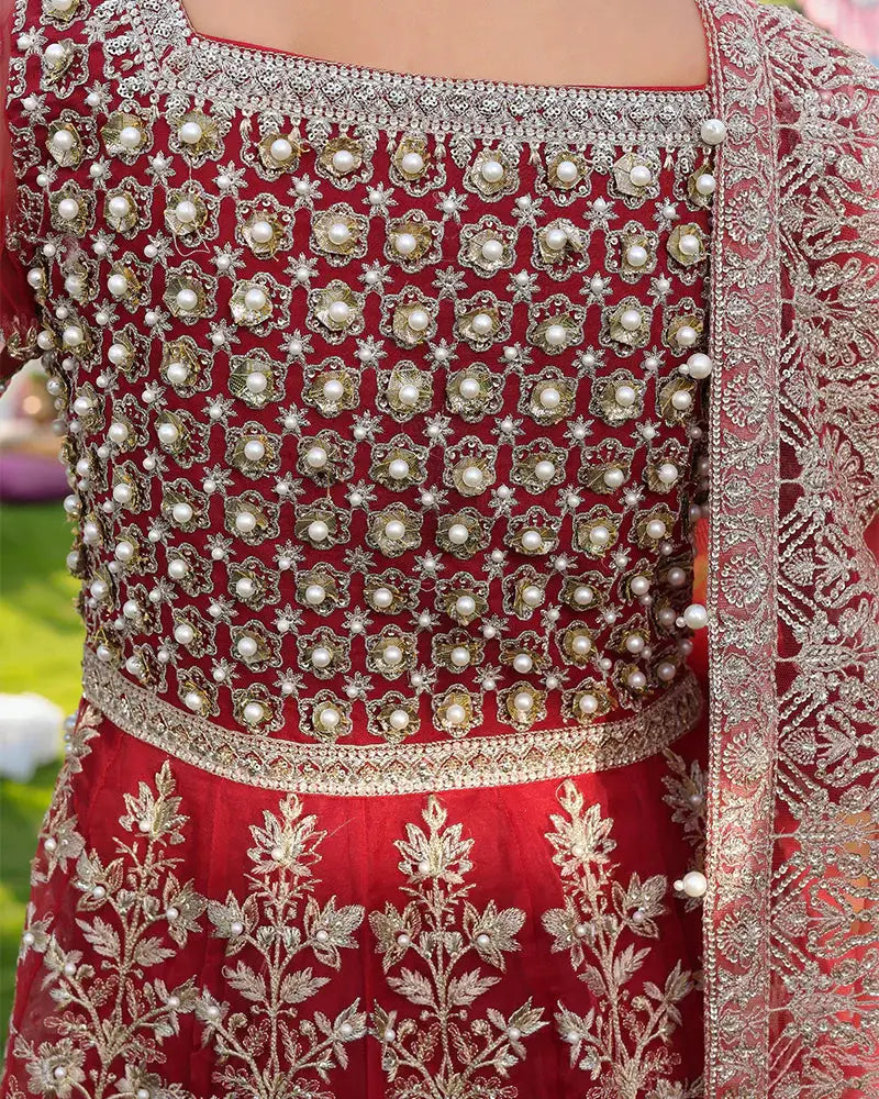 Back bodice detail of AROOSH Pakistani Party Wear featuring pearl grid embroidery and floral threadwork on deep red organza.