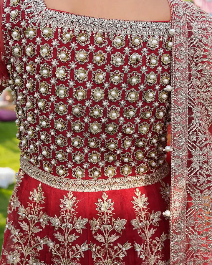 Back bodice detail of AROOSH Pakistani Party Wear featuring pearl grid embroidery and floral threadwork on deep red organza.