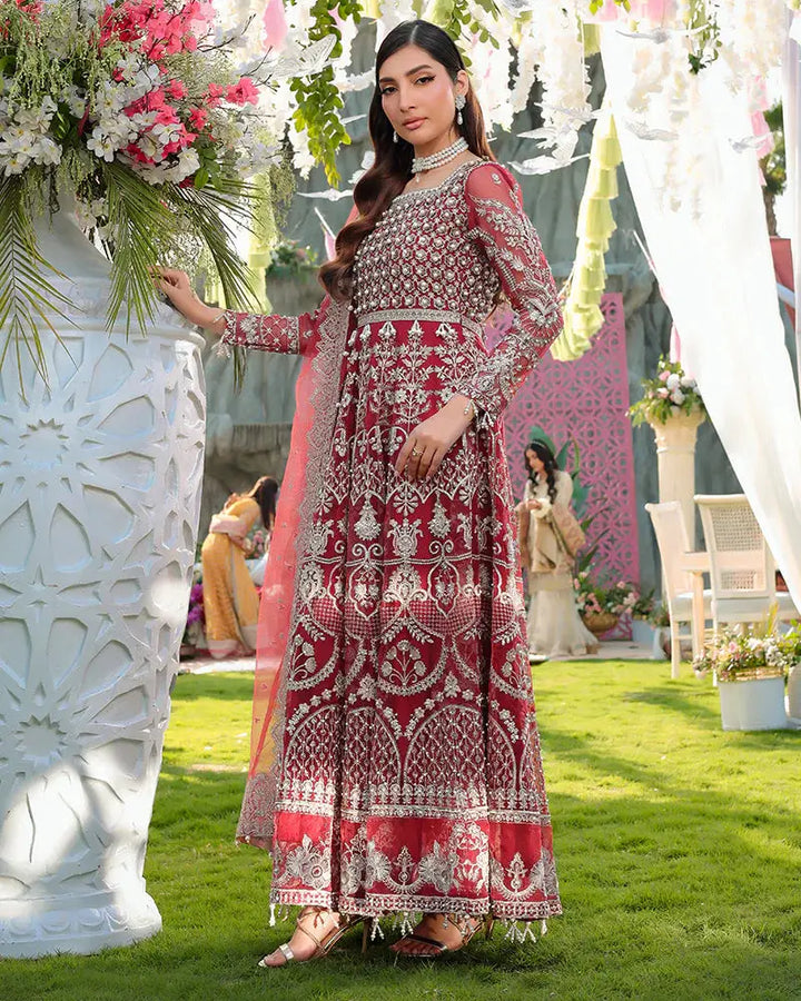 AROOSH Designer Pakistani Party Wear with full-length embroidered organza maxi and pearl accents, styled for elegant wedding occasions.