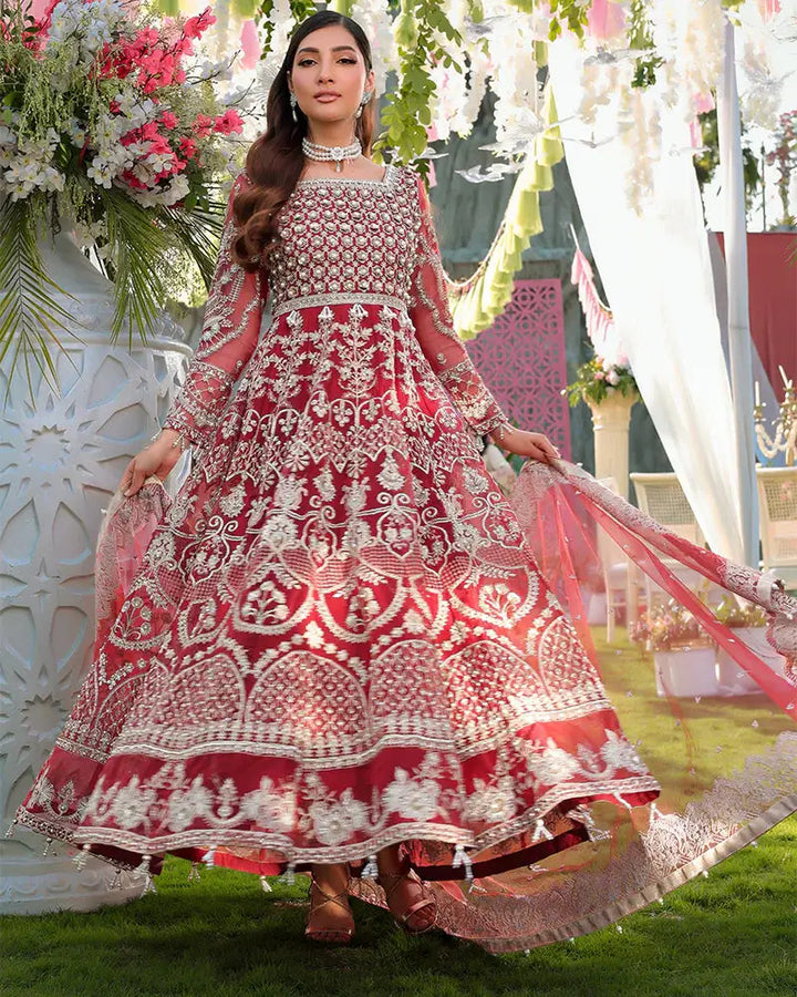 AROOSH Wedding Wear Designer Pakistani Party Wear in deep red organza with pearl and sequin embroidery, featuring maxi shirt, pants, and net dupatta.
