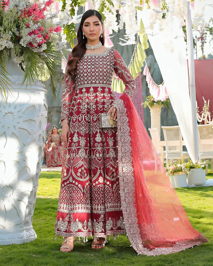 AROOSH AR-148-1800 Pakistani wedding outfit featuring red organza maxi with silver embroidery and net dupatta, perfect for festive events.