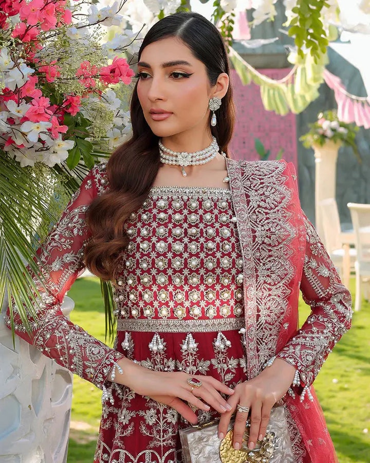 Detailed view of AROOSH Pakistani Party Wear neckline and dupatta border with pearl and thread embroidery on rich red organza fabric.