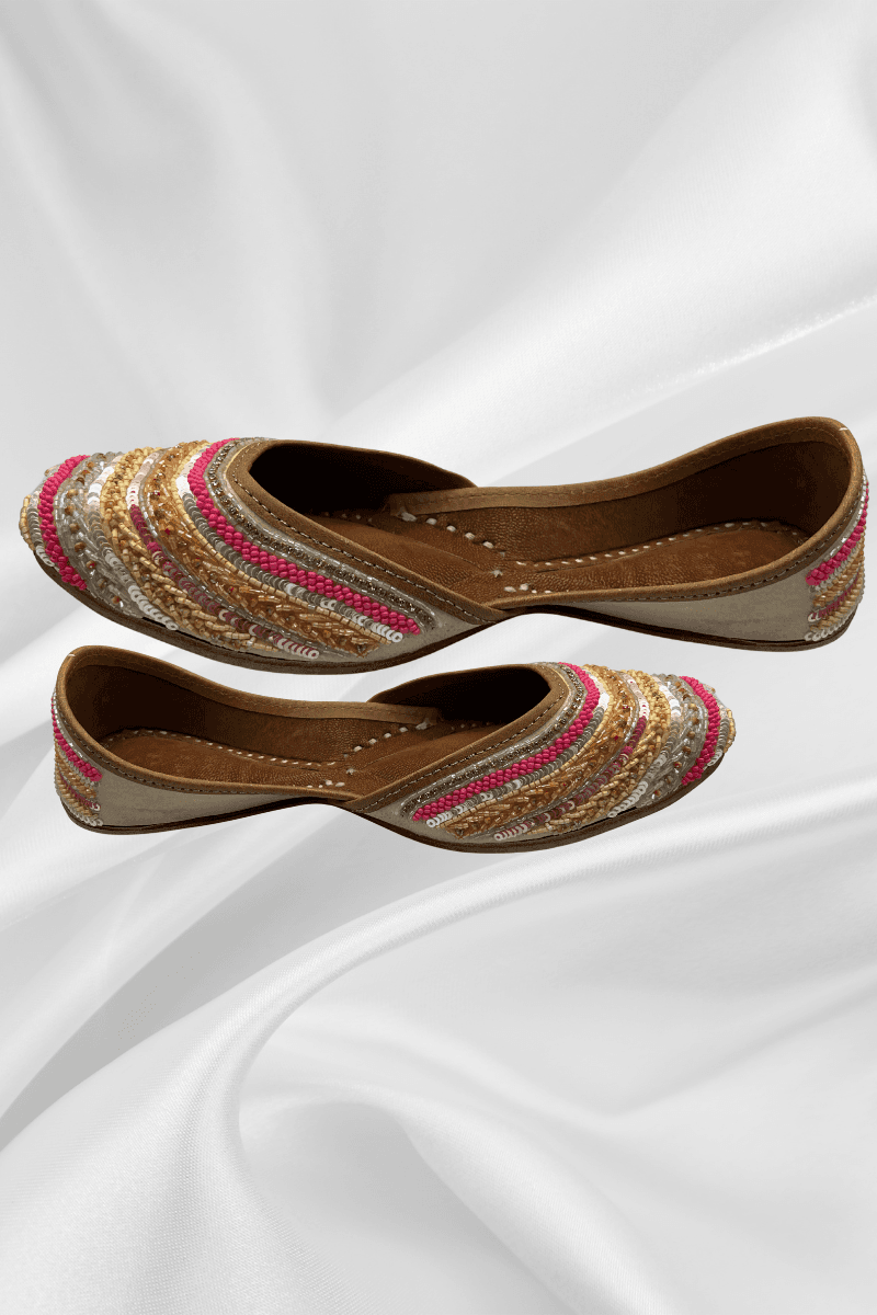 Side view of Kiran Rainbow Jutti - Khussa Shoes Womens showcasing hand-embroidered rainbow design in traditional flat shoe style.
