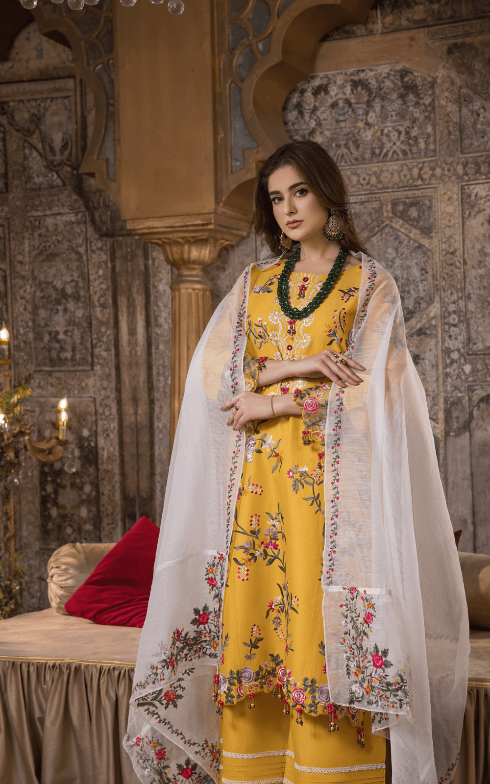 RANGREZA TULIP COUTURE - Pakistani Clothes USA luxury embroidered yellow Eid outfit with floral shirt, lace pants, and organza dupatta.