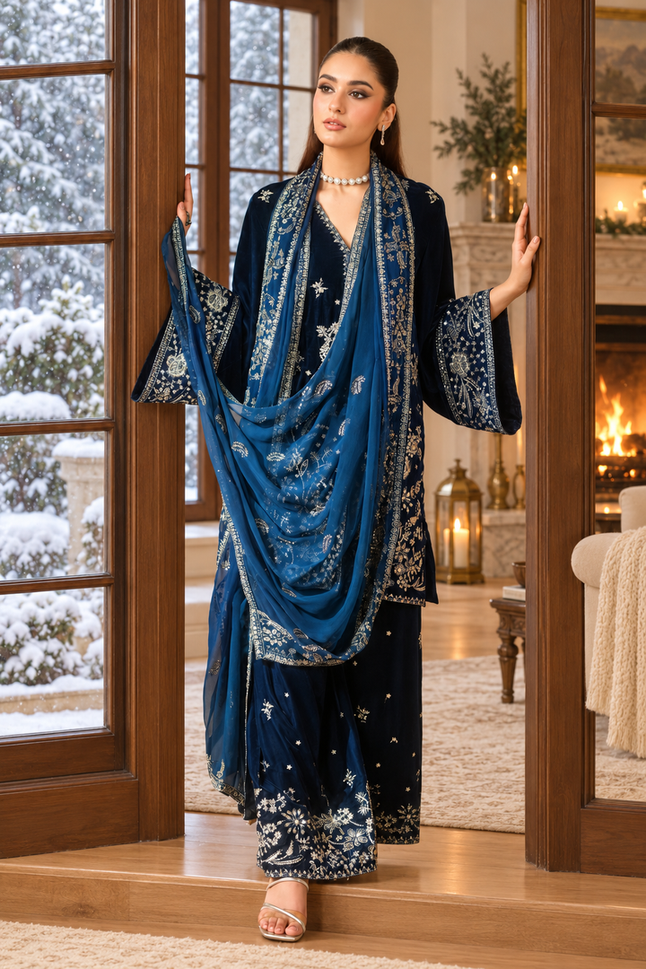 Navy Blue Velvet Suit with Dupatta - 3 Piece | HSV02-13