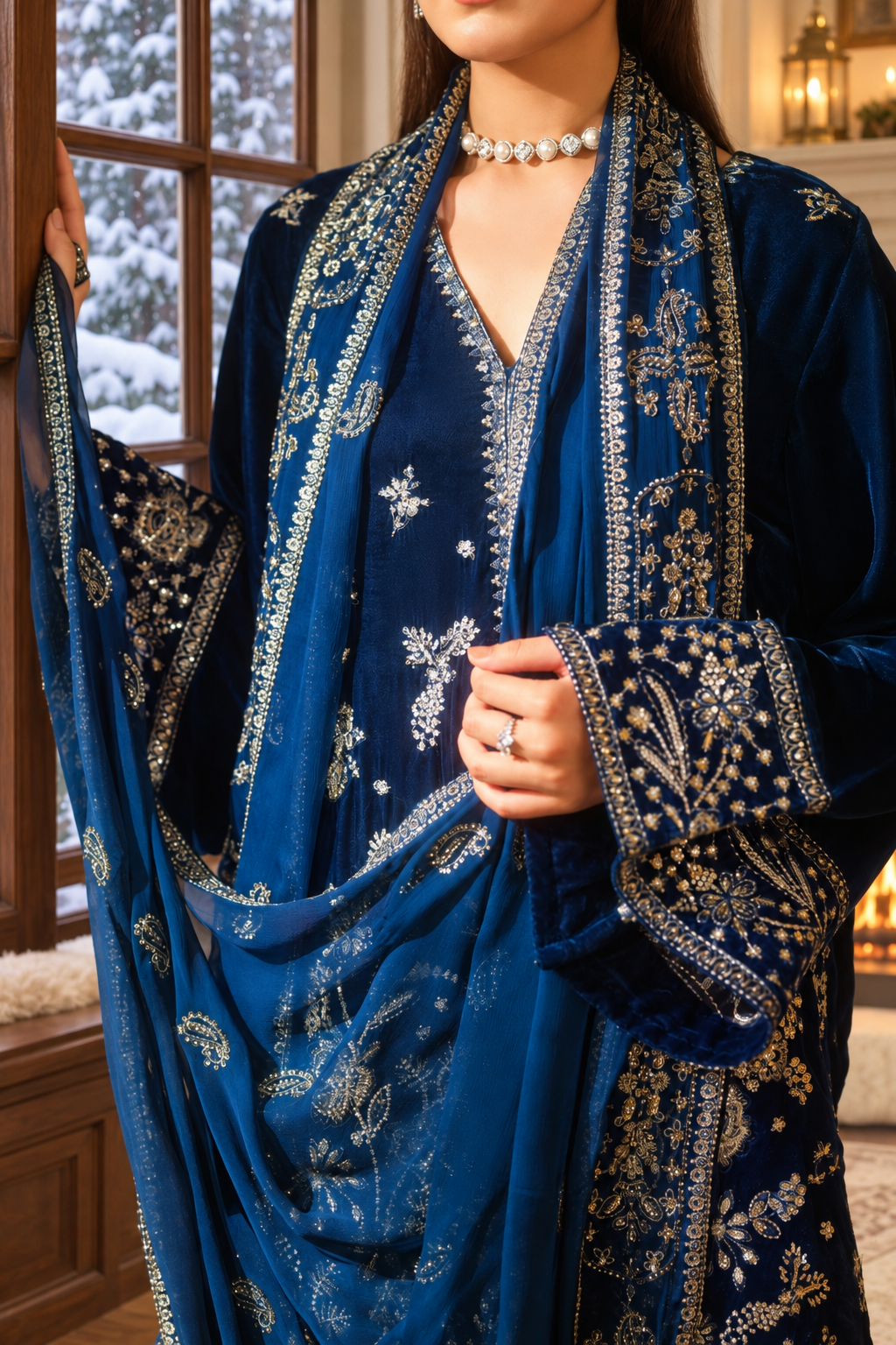 Navy Blue Velvet Suit with Dupatta - 3 Piece | HSV02-13