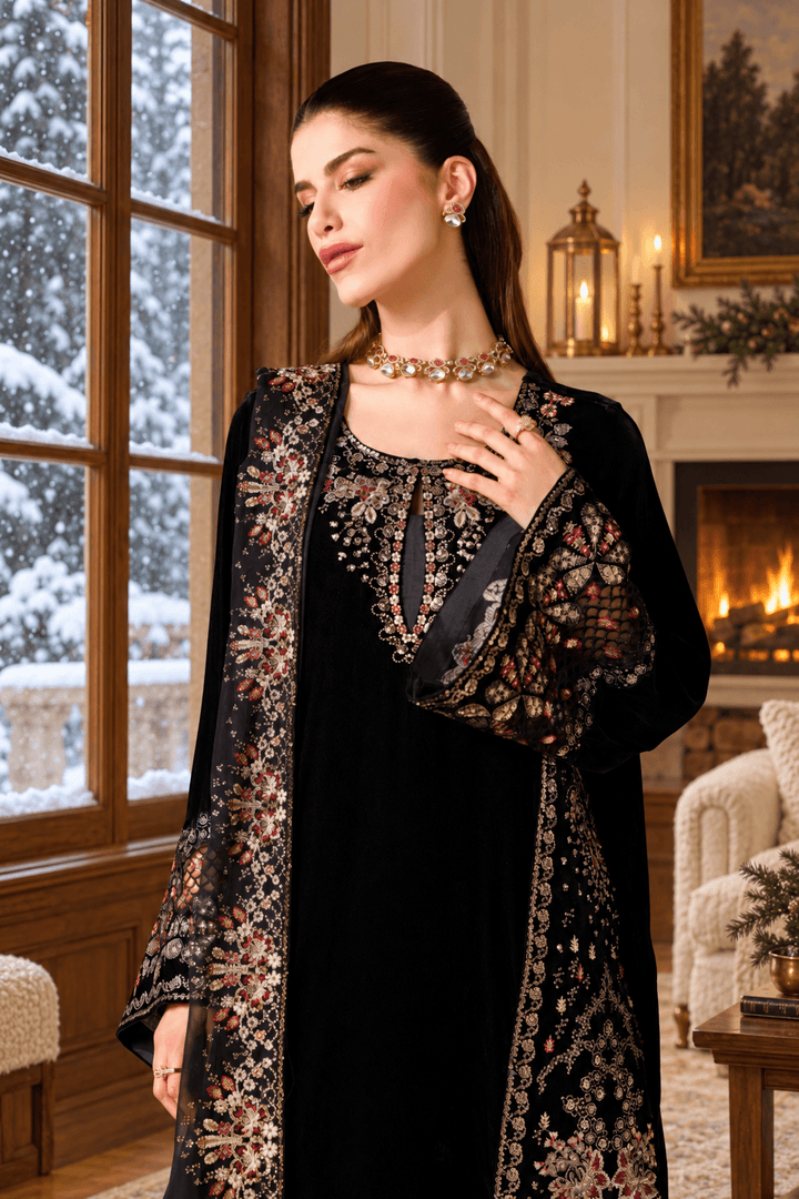 Black Velvet Suit with Dupatta - Sequin Embroidery | HSV05-13