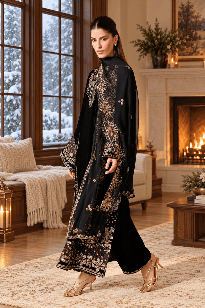 Black Velvet Suit with Dupatta - Sequin Embroidery | HSV05-13