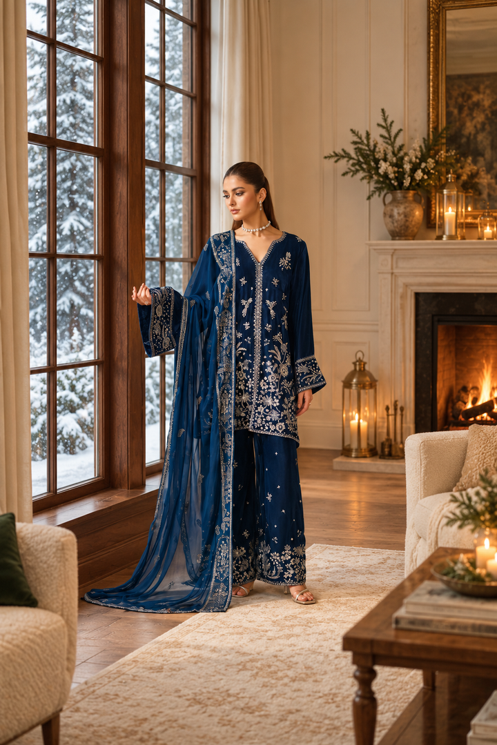 Navy Blue Velvet Suit with Dupatta - 3 Piece | HSV02-13