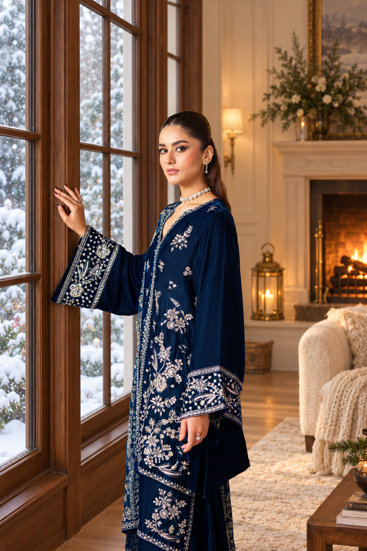 Navy Blue Velvet Suit with Dupatta - 3 Piece | HSV02-13