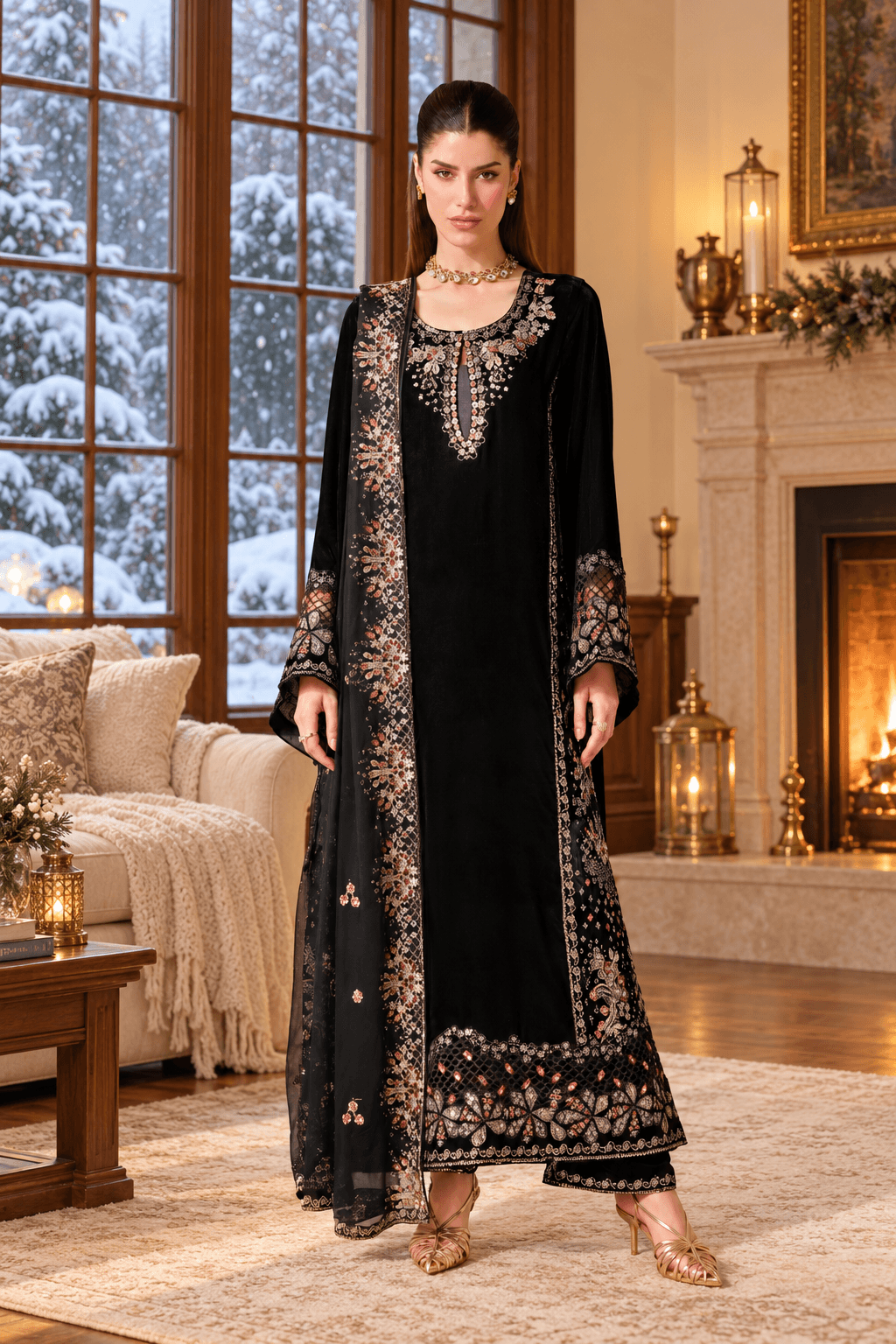 Black Velvet Suit with Dupatta - Sequin Embroidery | HSV05-13