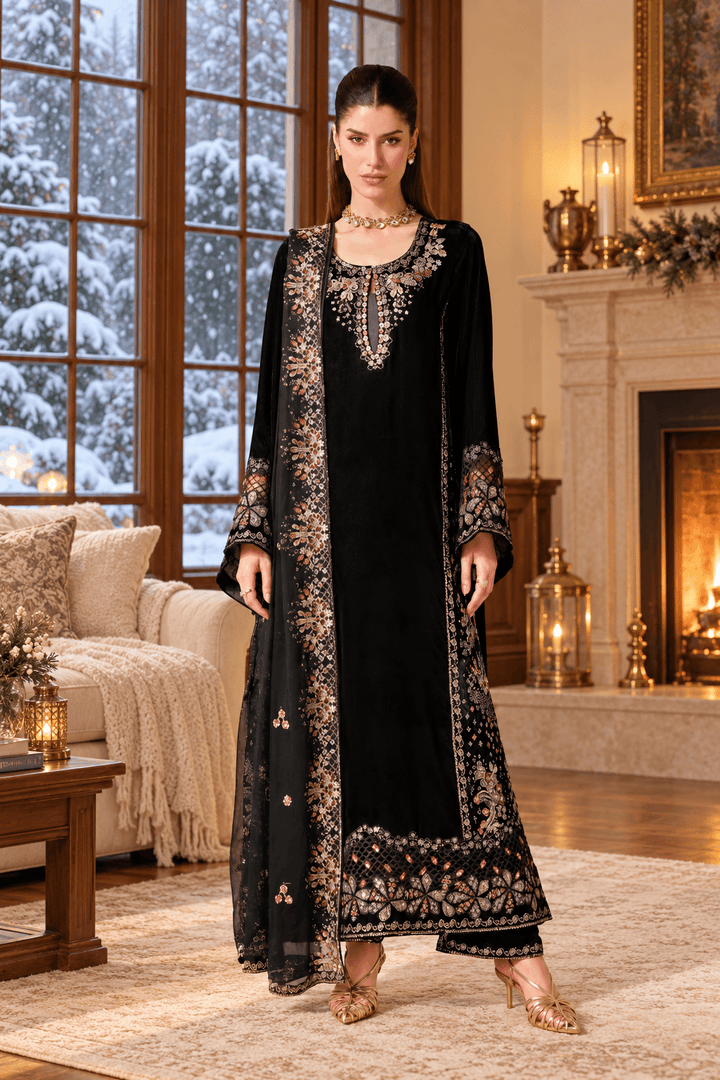 Black Velvet Suit with Dupatta - Sequin Embroidery | HSV05-13