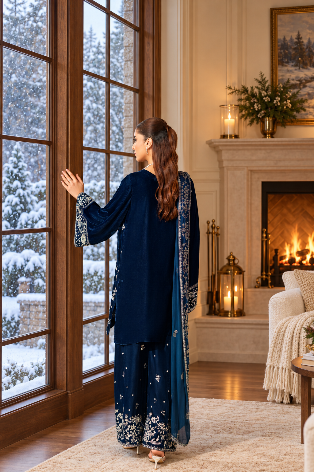 Navy Blue Velvet Suit with Dupatta - 3 Piece | HSV02-13