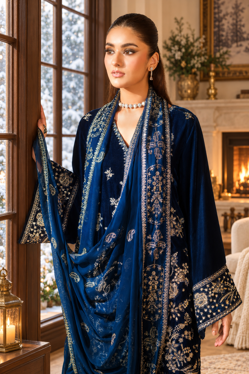 Navy Blue Velvet Suit with Dupatta - 3 Piece | HSV02-13