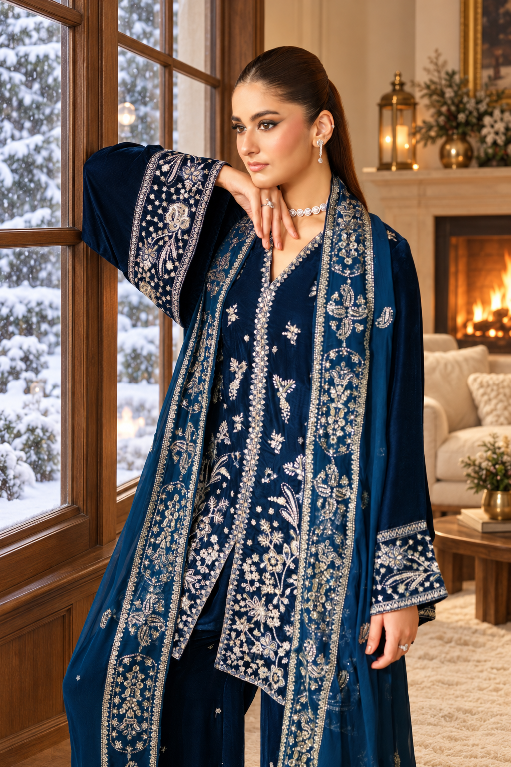Navy Blue Velvet Suit with Dupatta - 3 Piece | HSV02-13