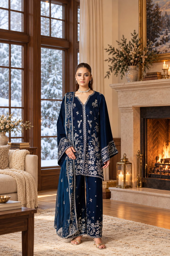 Navy Blue Velvet Suit with Dupatta - 3 Piece | HSV02-13