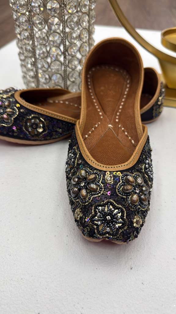 Raqs Black Khussa - Ladies Khussa Shoes with intricate gold and silver beadwork, perfect for weddings and festive occasions.